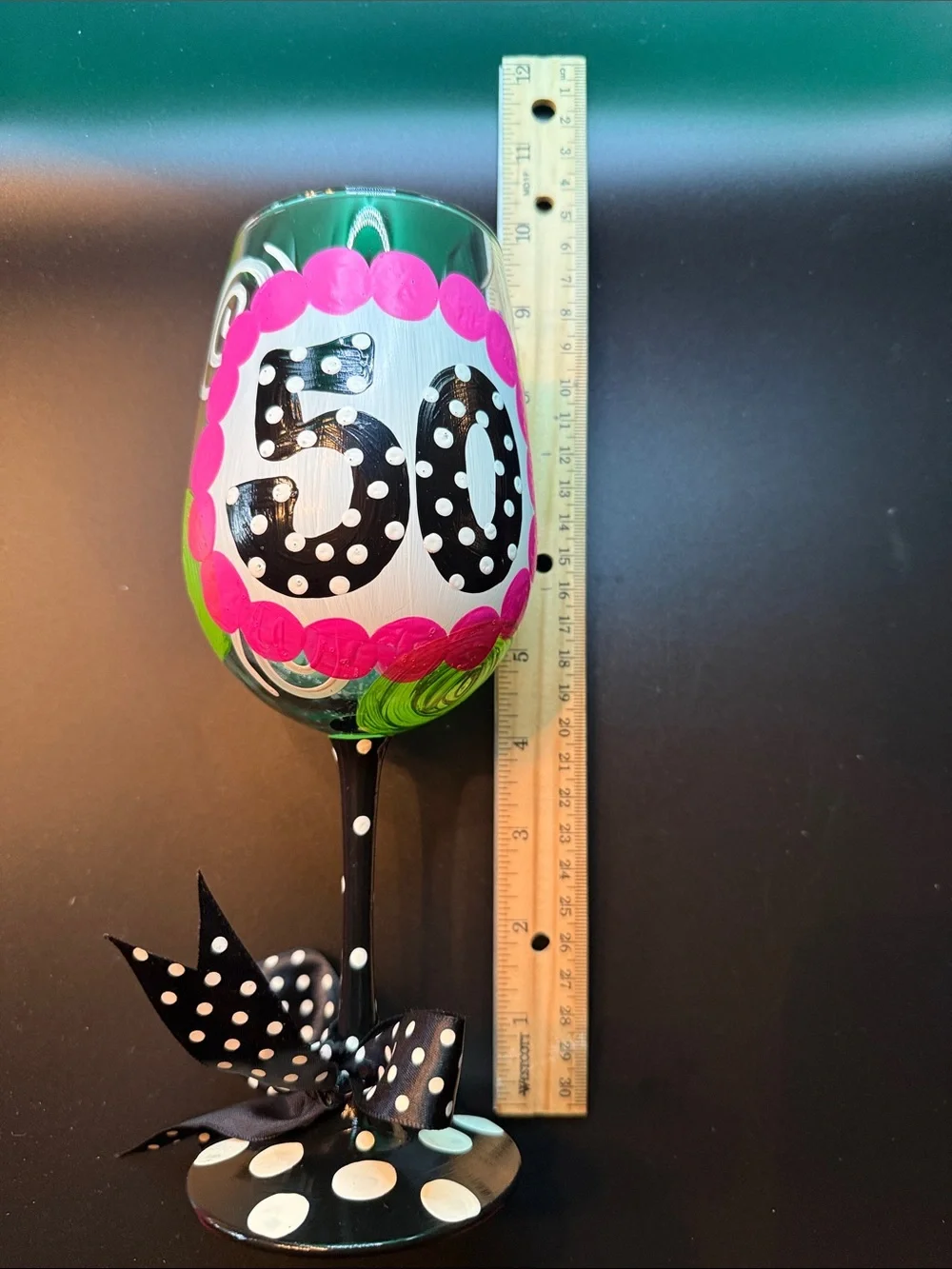 Hand-Painted 50th Celebration Wine Glass - Pink & Black